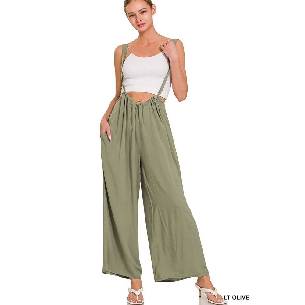 087 WOVEN TIE BACK SUSPENDER JUMPSUIT WITH POCKETS
